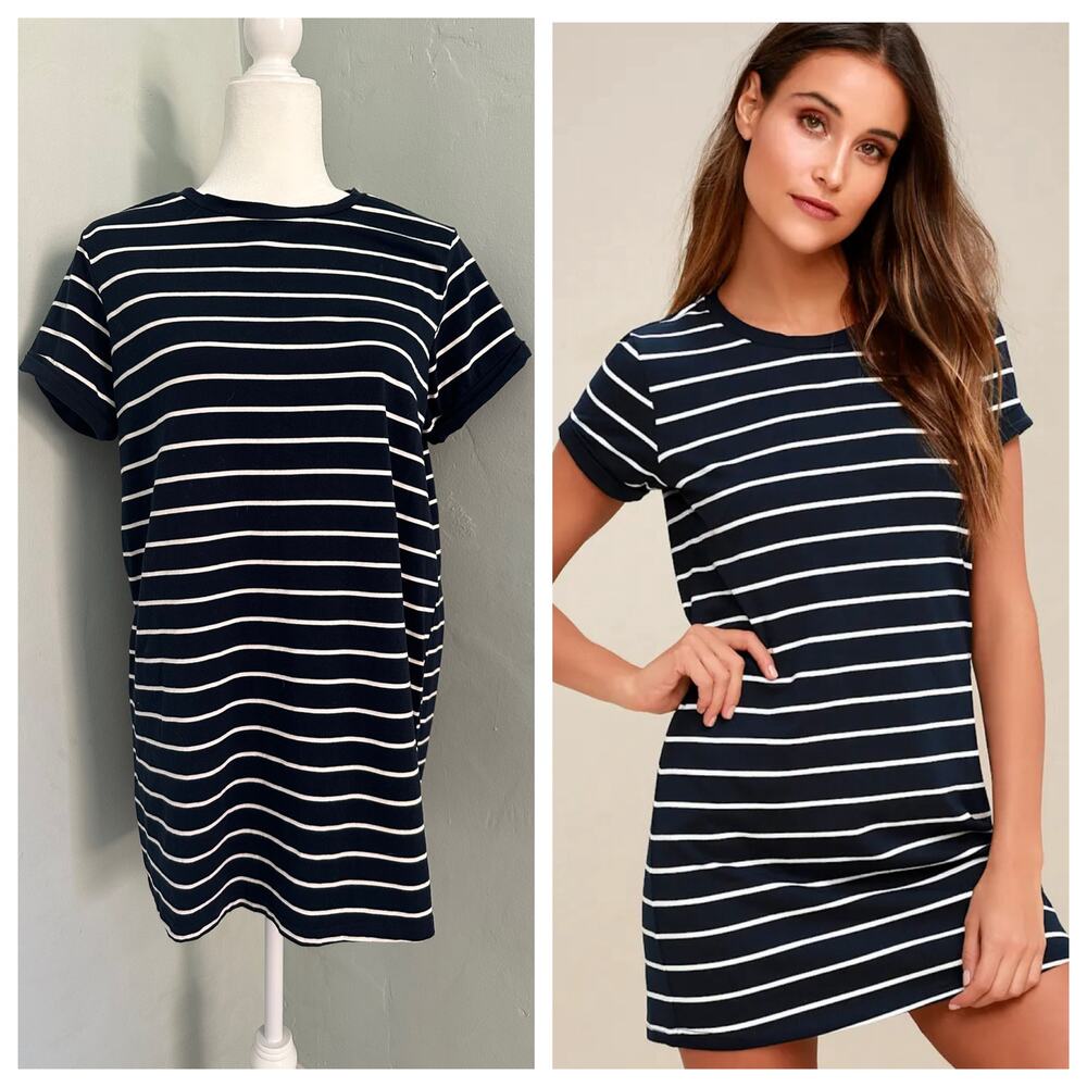 Lulus Blue and White Striped Shirt Dress, Nautical, Stretch, Cotton, Medium